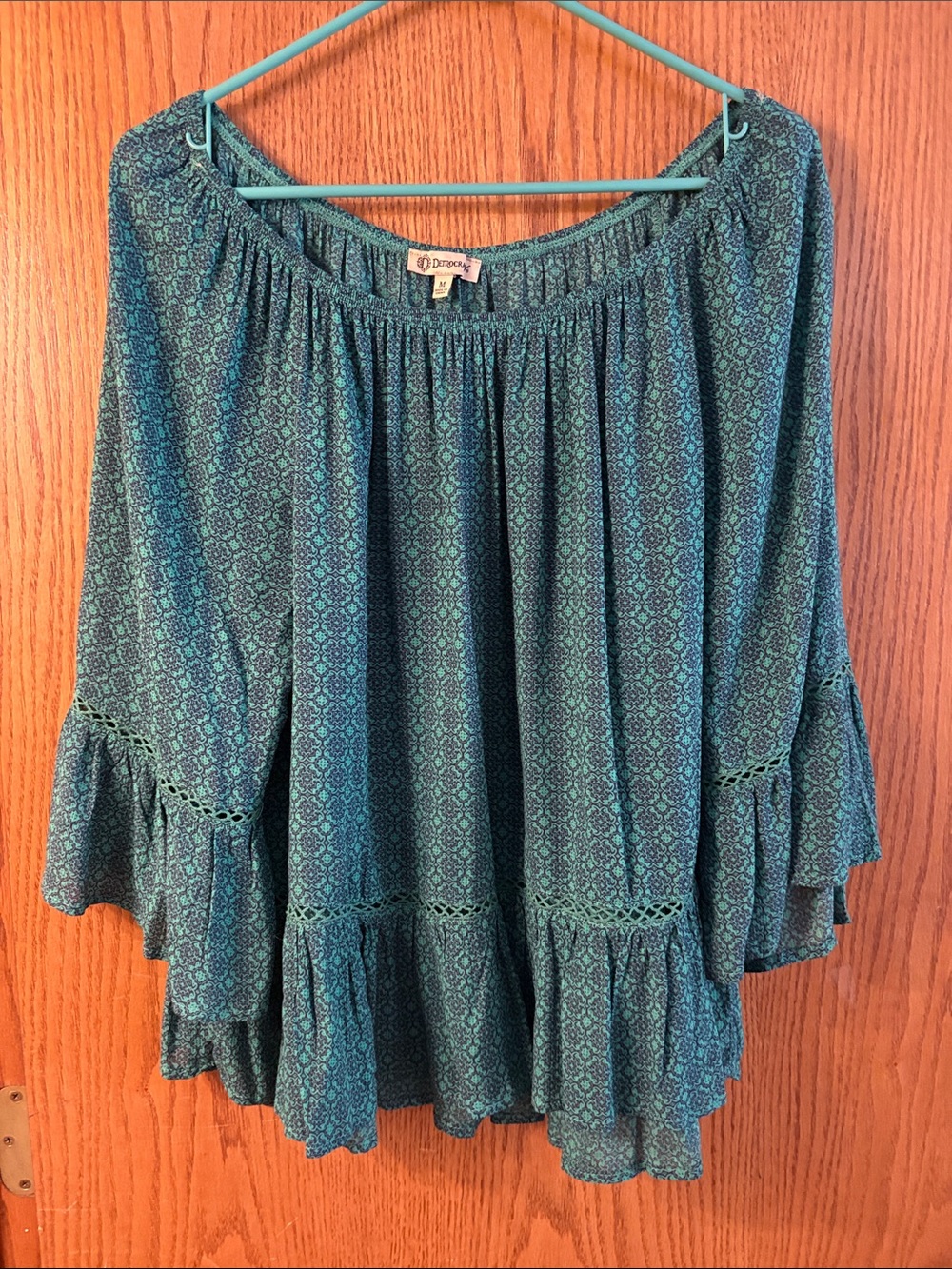 Democracy Teal and Navy Printed Peasant Top
